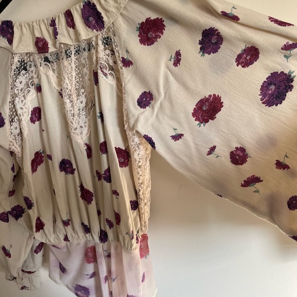 Free People Poppy Print Bodysuit Cream/Plum Lace Trim womens size extra … - Picture 11 of 16